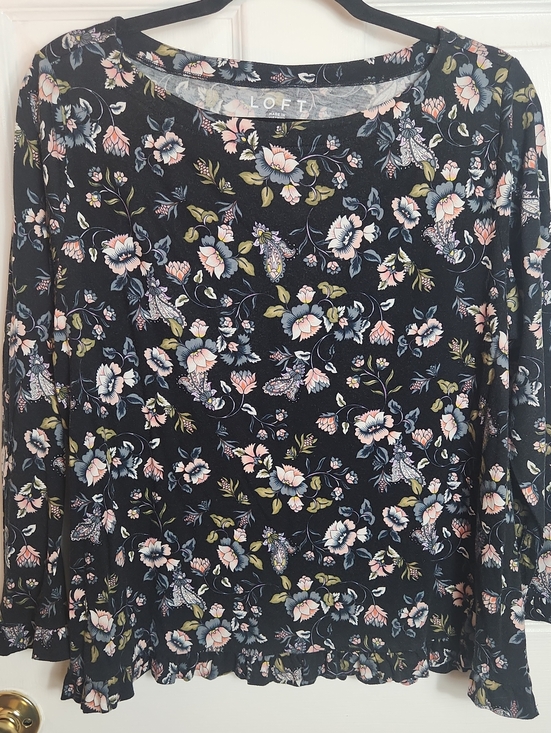 LOFT Tops - LOFT Black Floral Ruffle-Hem Long Sleeve Top